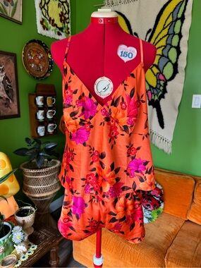 Victoria's Secret Orange Satin Floral Chemise and Shorts Set